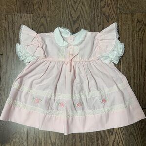 Vintage Pink Lace Trim Dress with flower embroidery size 12M